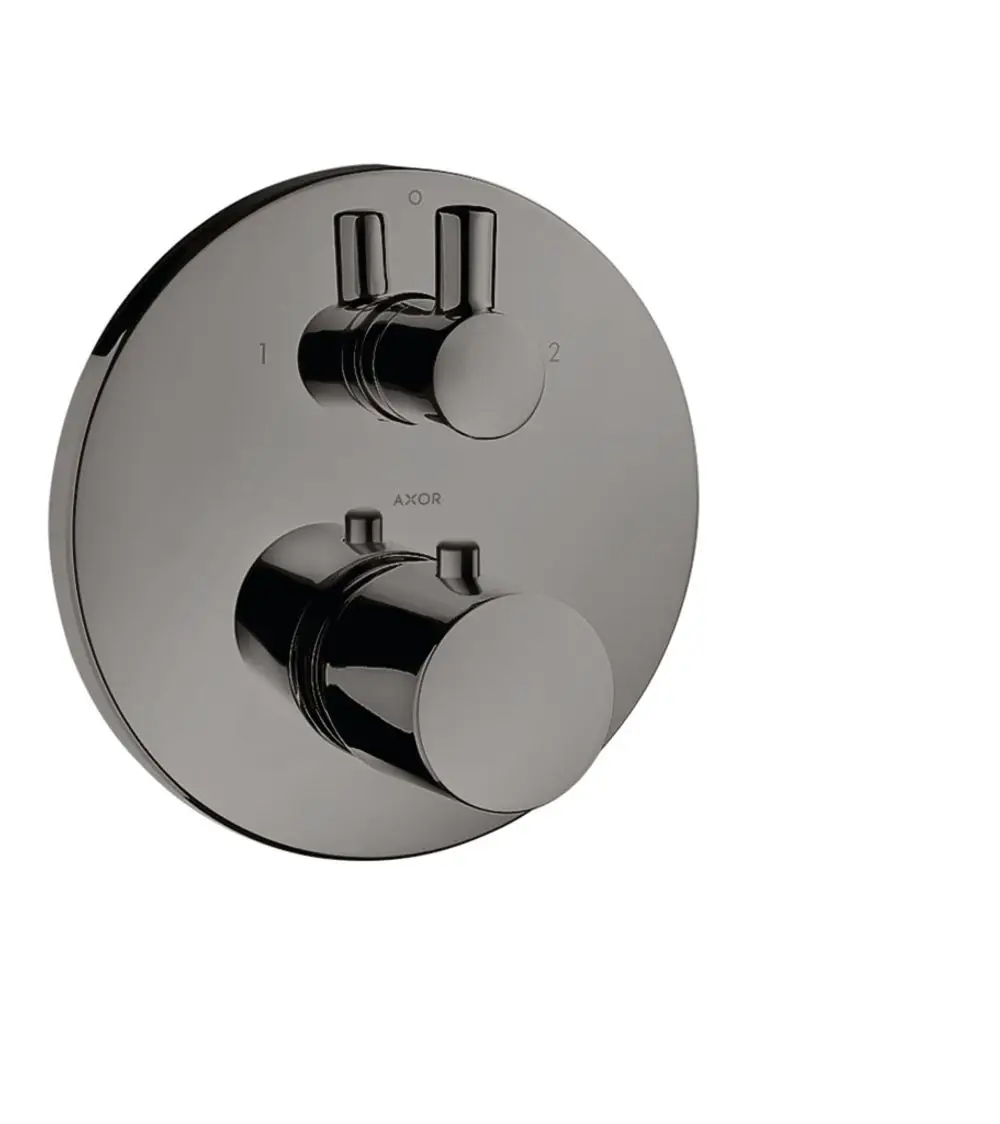 Thermostat mit zwei Bedienelementen und runder Blende in Polished Black Chrome, gestaltet von AXOR, zur Unterputzmontage.